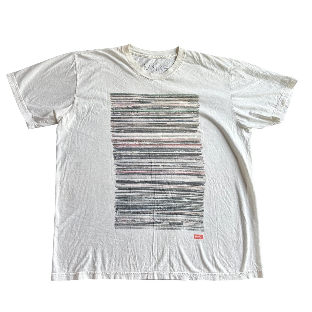 MNKR Mens XL White Vinyl Record Stack Graphic T-Shirt Made‎ in LA Cotton Tee